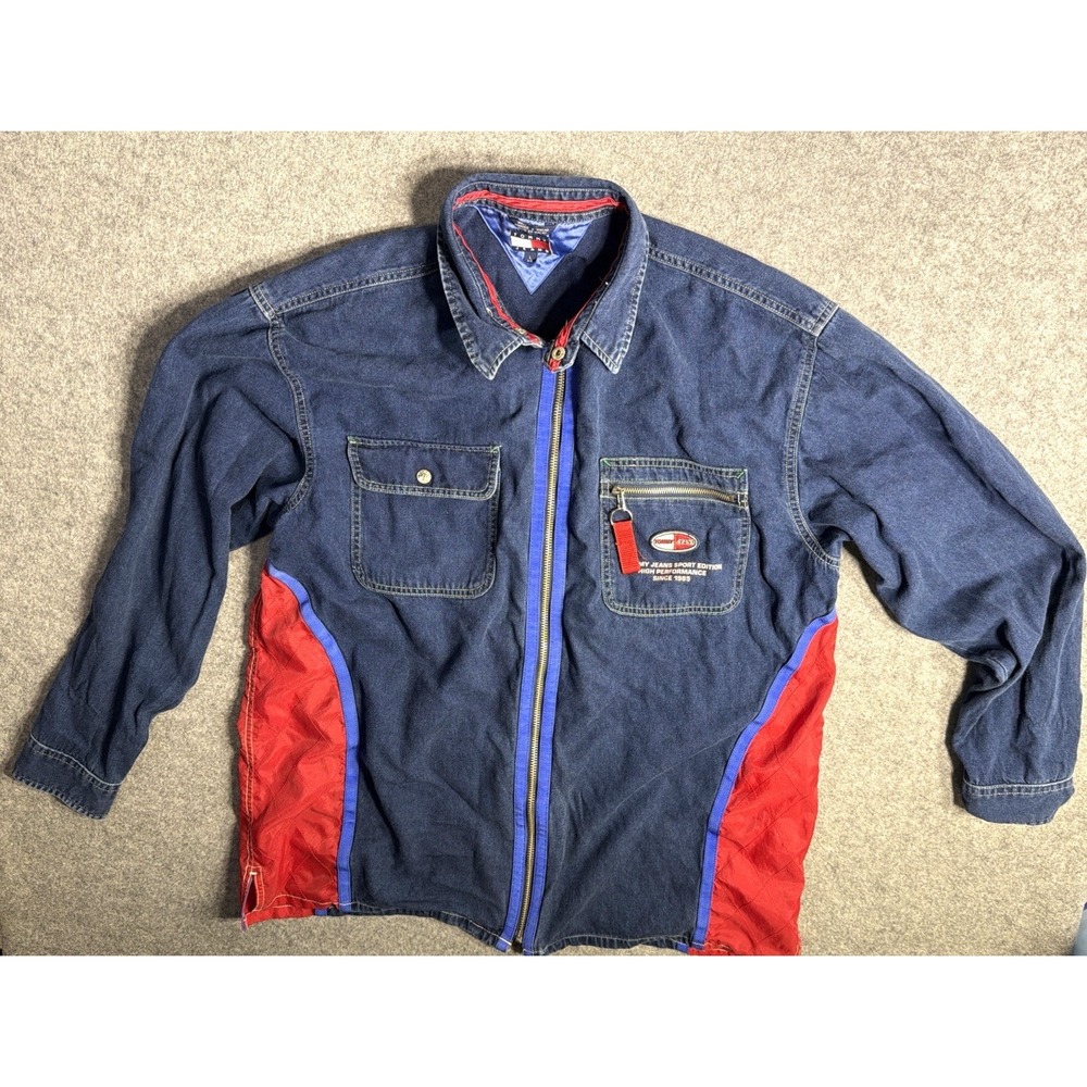Tommy Jeans Men's Denim Jacket Blue/Red Full Zip Pockets Size L Regular Fit